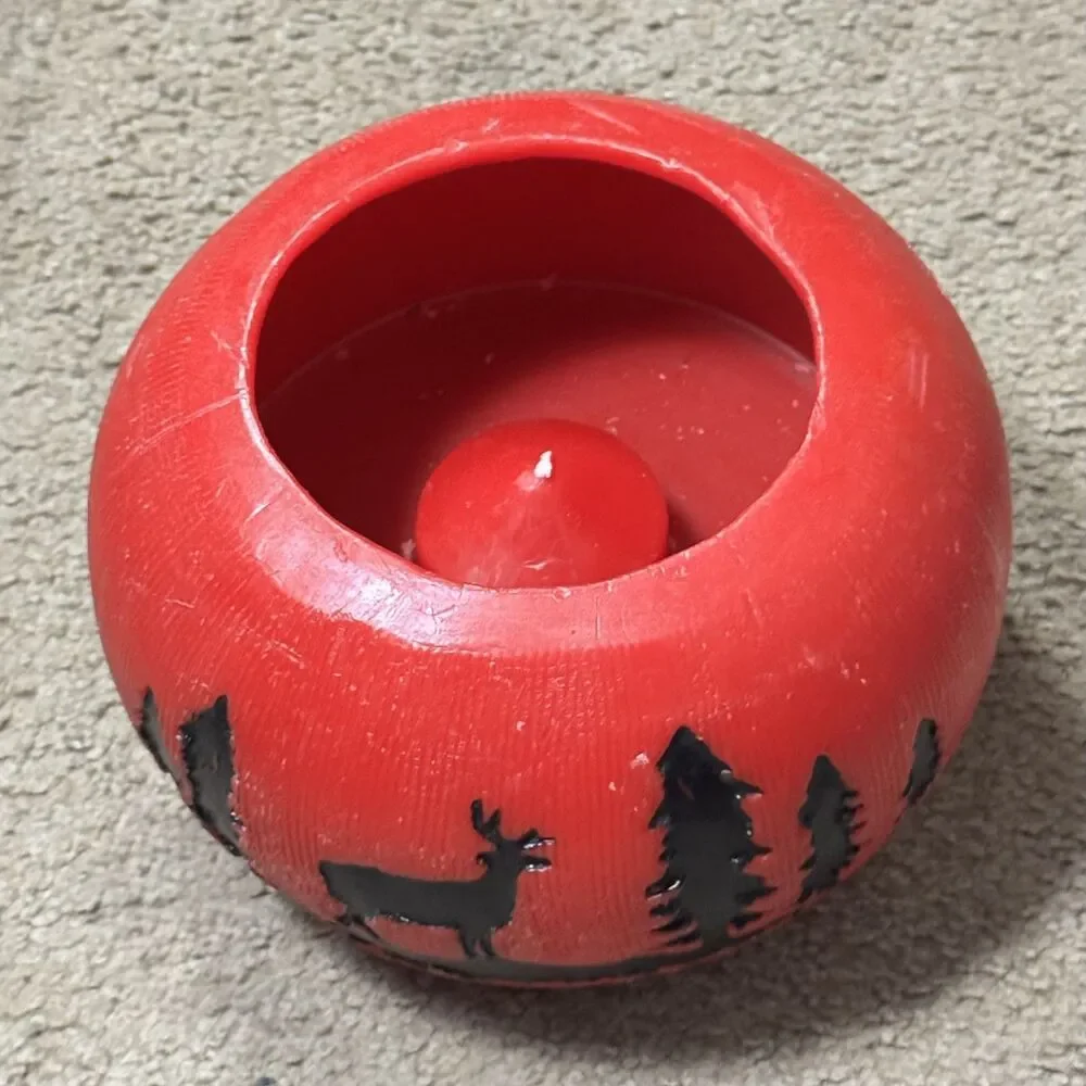 Carved Red Wax Lantern Luminary Bowl Rustic Winter Forest Stag Candle Holder